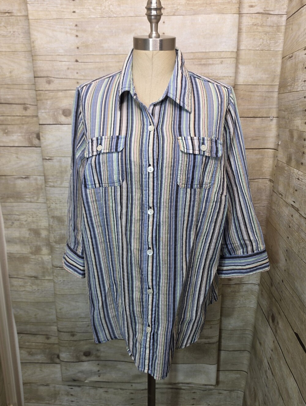 Liz Claiborne Blue, White and Tan Striped Button-Down Shirt